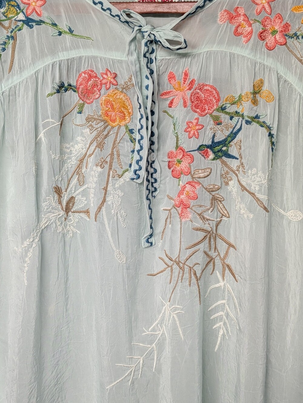 Johnny Was Aqua Tie-Neck Tunic with Flowers + Hummingbird Embroidery Size Small - Picture 2 of 14